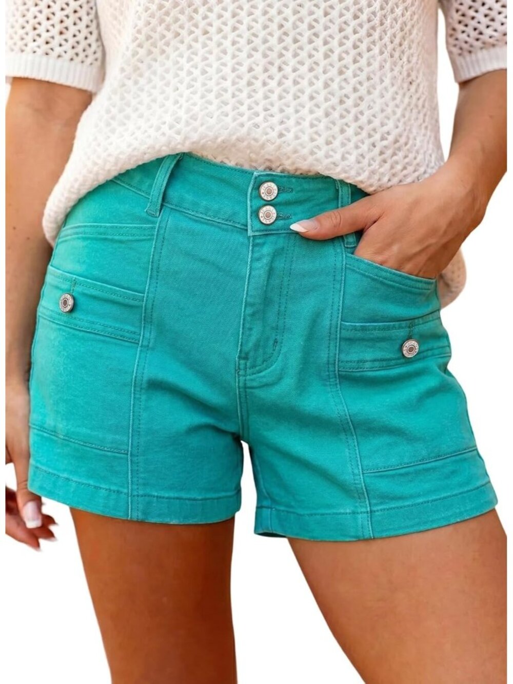 Women's Sea Green High Waisted Stretchy Shorts Double Button Denim Jean Shorts